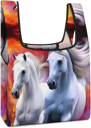 Two Horse Novelty Reusable Grocery Bag Fold-able Shopping Bags Washable Tote Lightweight Storage Pouch with Handle