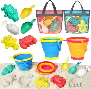 Ultimate Beach Fun! Collapsible Sand Toy Set for Kids - 2 Travel-Friendly Buckets, Shovels, Molds & Mesh Bags | Perfect Sandbox & Shore Adventure Kit for Boys & Girls Ages 3-10
