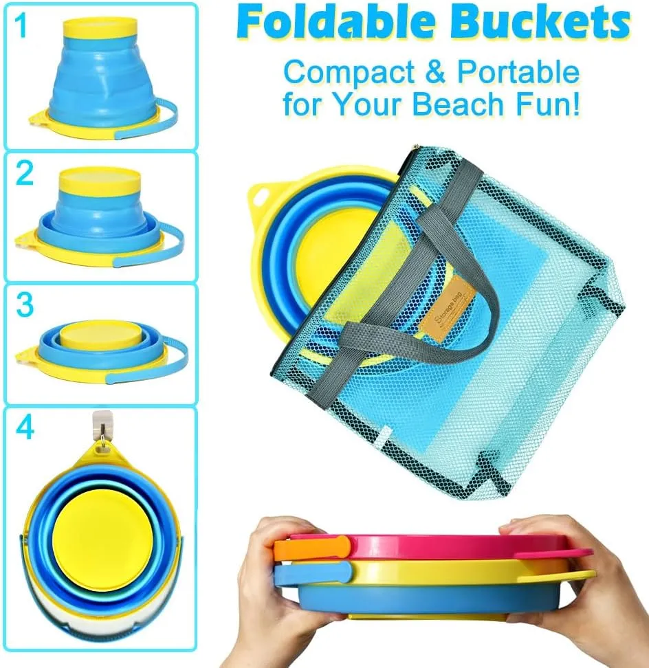 Ultimate Beach Fun! Collapsible Sand Toy Set for Kids - 2 Travel-Friendly Buckets, Shovels, Molds & Mesh Bags | Perfect Sandbox & Shore Adventure Kit for Boys & Girls Ages 3-10
