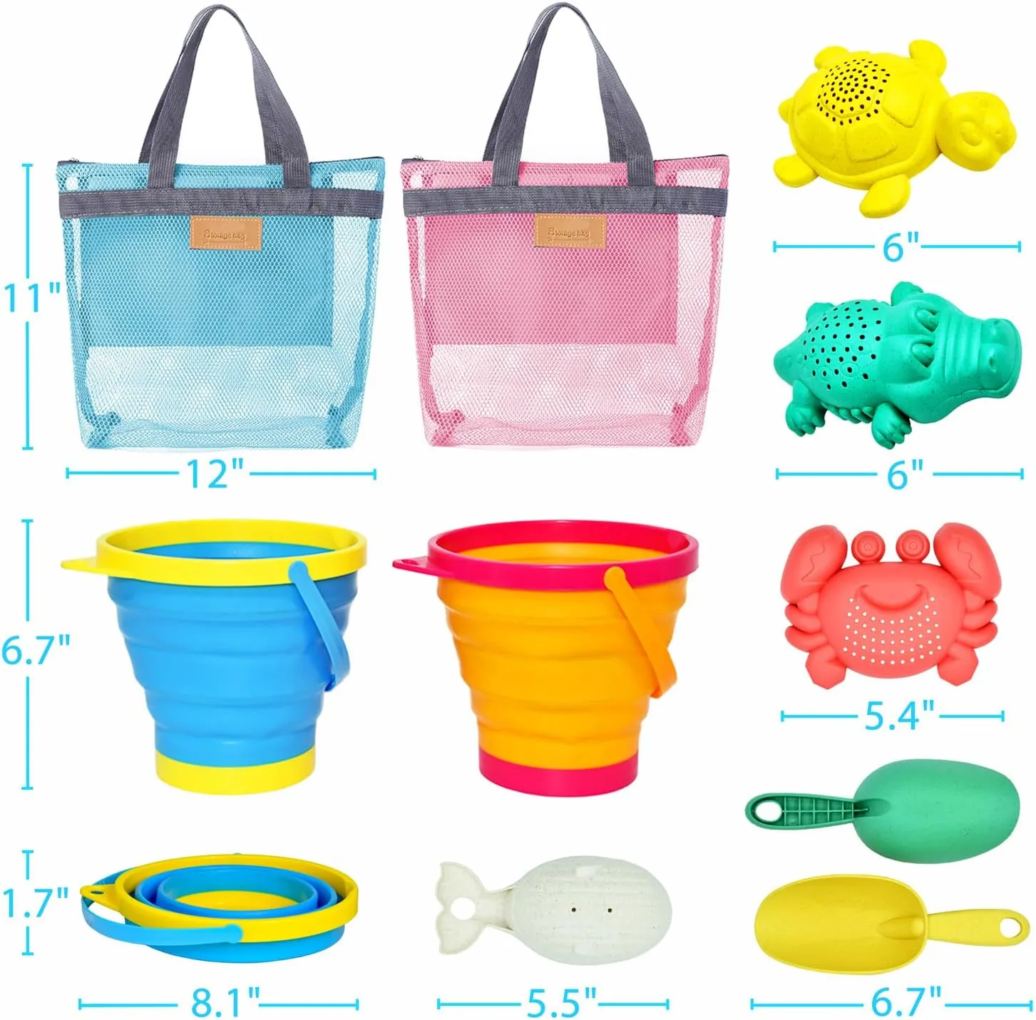 Ultimate Beach Fun! Collapsible Sand Toy Set for Kids - 2 Travel-Friendly Buckets, Shovels, Molds & Mesh Bags | Perfect Sandbox & Shore Adventure Kit for Boys & Girls Ages 3-10