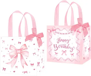 umoni Pink Bow Tote Bags Coquette Birthday Party Supplies Non Woven Bow Knot Theme Party Treat Coquette Birthday Goodie Bags with Handles for Girls Bachelorette Baby Shower Supplies