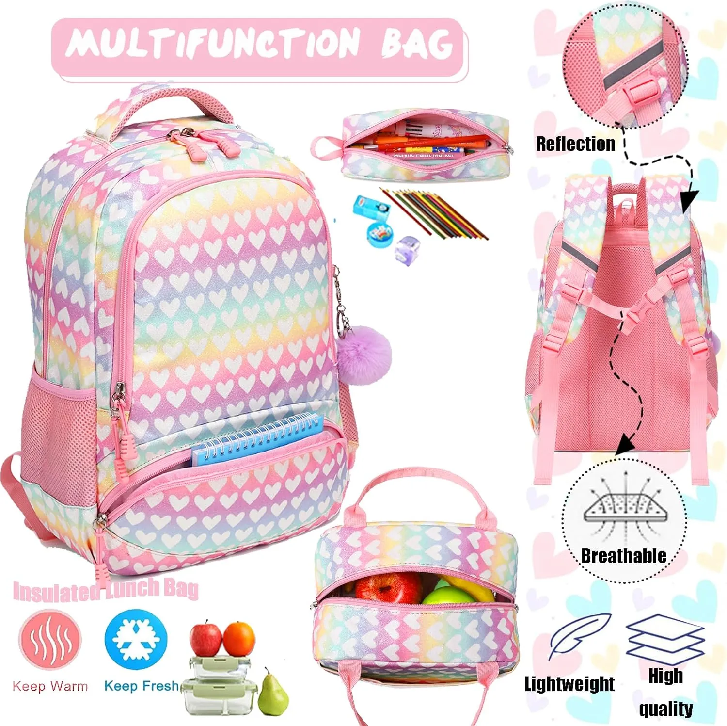 Unicorn Backpack for Girls School Backpack for Girls Unicorn Bookbag School Bag Set for Elementary Back to School