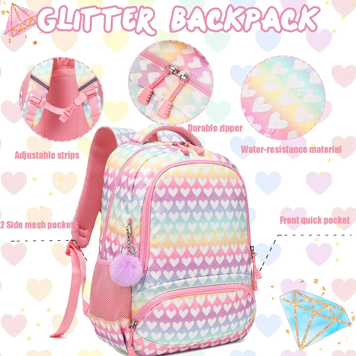 Unicorn Backpack for Girls School Backpack for Girls Unicorn Bookbag School Bag Set for Elementary Back to School