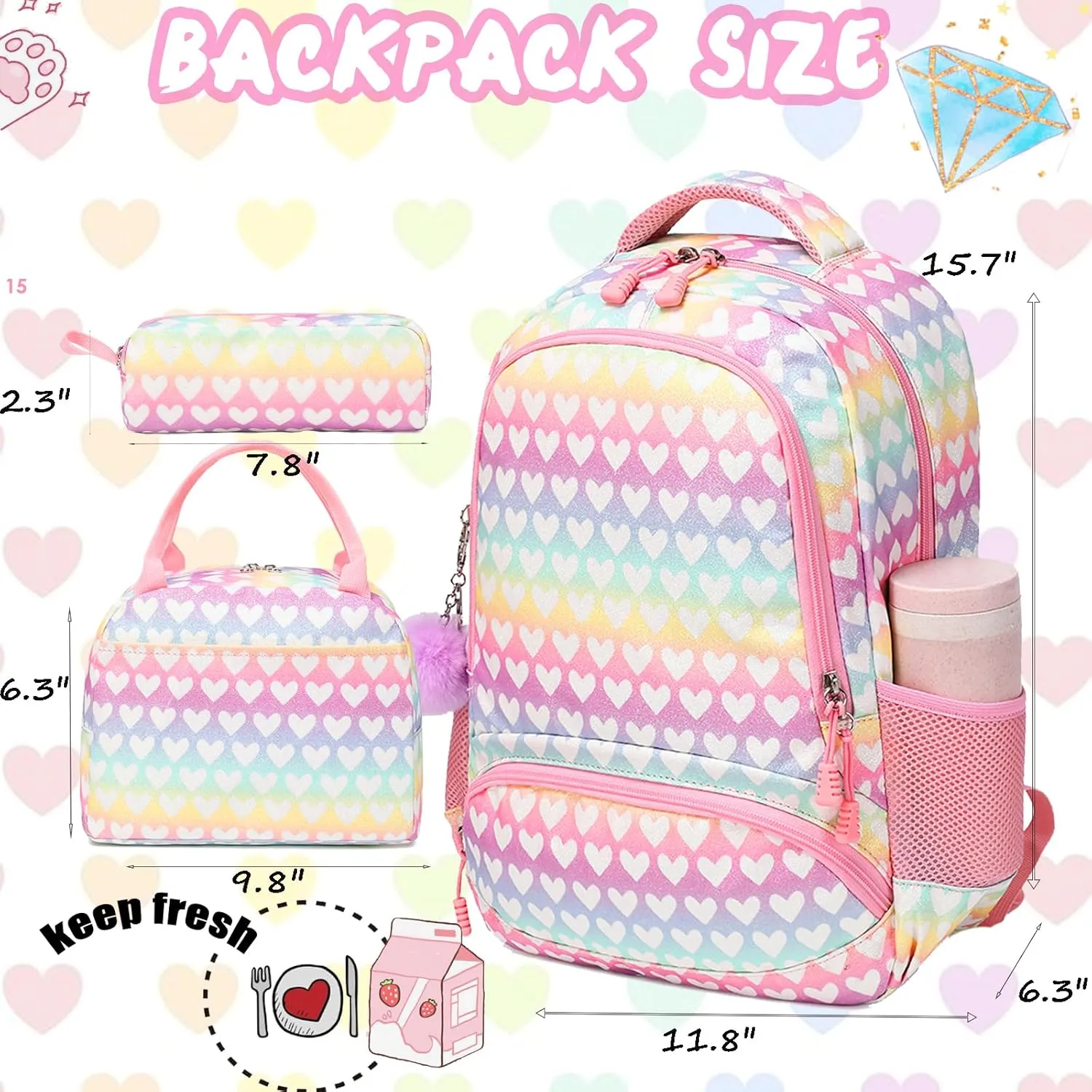 Unicorn Backpack for Girls School Backpack for Girls Unicorn Bookbag School Bag Set for Elementary Back to School