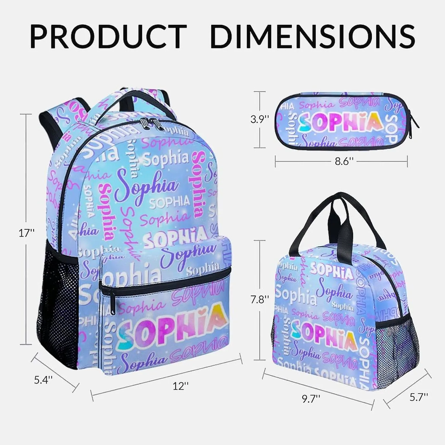 UNIKITTY Backpack for Girls - Personalized Backpack with Lunchbox - Custom Bookbag Set with Name for Teen - 17 Inch Toddler School Bag for Kindergarten Elementary