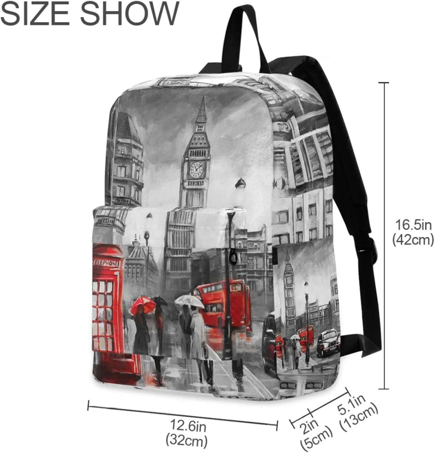 Unisex Stylish London Street View Big Ben Large Laptop Backpack Durable Travel Computer Bag Portable Shoulders Bag for Books Work Daily