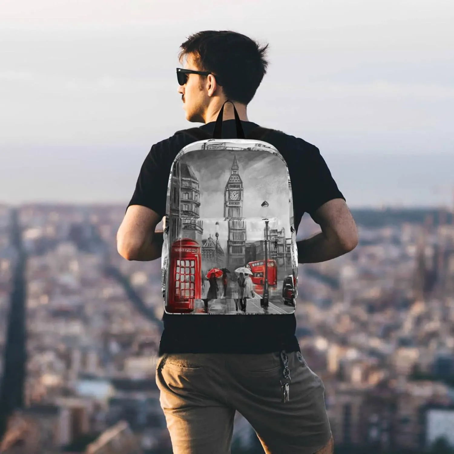 Unisex Stylish London Street View Big Ben Large Laptop Backpack Durable Travel Computer Bag Portable Shoulders Bag for Books Work Daily