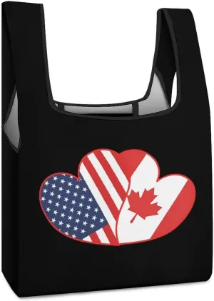 US And Canada Flag Novelty Reusable Grocery Bag Fold-able Shopping Bags Washable Tote Lightweight Storage Pouch with Handle