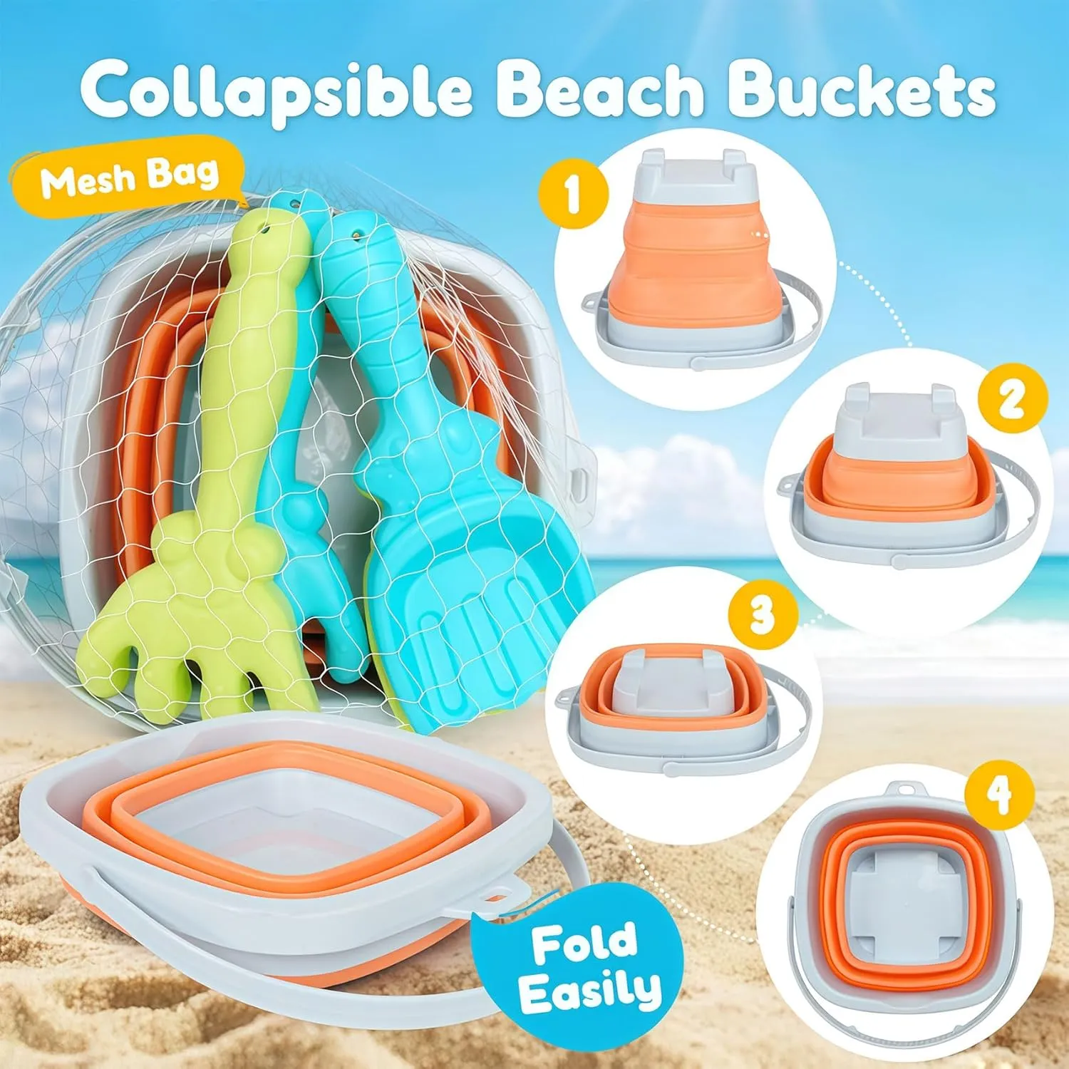 USATDD Beach Toys for Kids with Collapsible Bucket, Sand Rake and Shovel, Collapsible Beach Bucket Travel Sand Toys for Toddlers Kids
