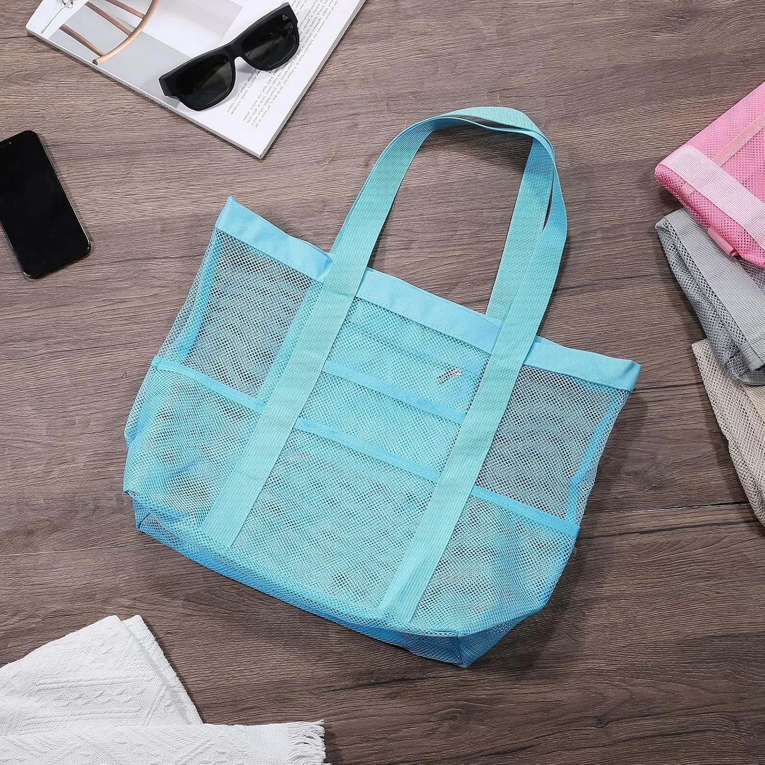 uxcell Mesh Beach Tote Bag, 1Pcs 17" x 13" x 5" Upgraded Beach Towel Bags, Waterproof Pool Bag for Beach Vacation and Travel Daily (Black)