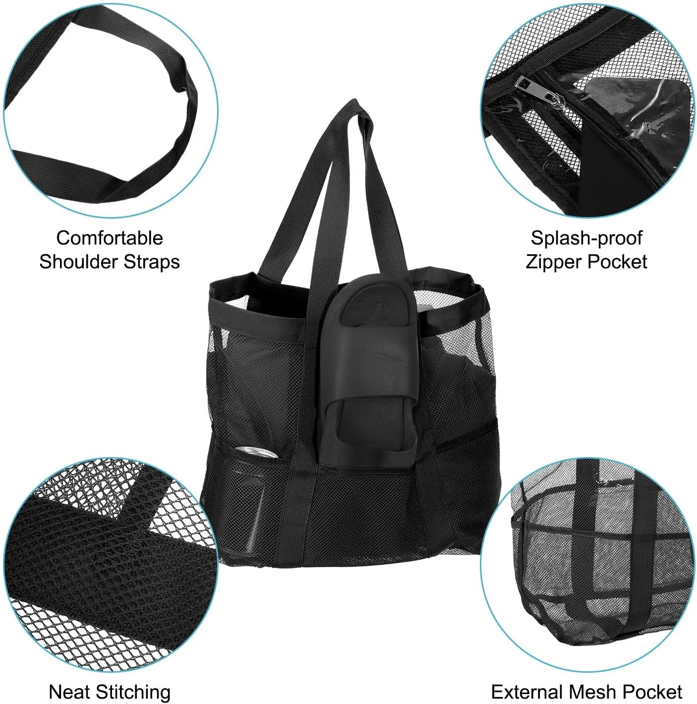 uxcell Mesh Beach Tote Bag, 1Pcs 17" x 13" x 5" Upgraded Beach Towel Bags, Waterproof Pool Bag for Beach Vacation and Travel Daily (Black)