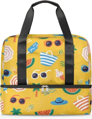 Vacation Relaxation Hawaiian Beach Travel Bag Double Tier Zip Closure Weekender Bag with Leather Handle Waterproof Sports Tote Gym Bag for Swim Beach Gym Yoga
