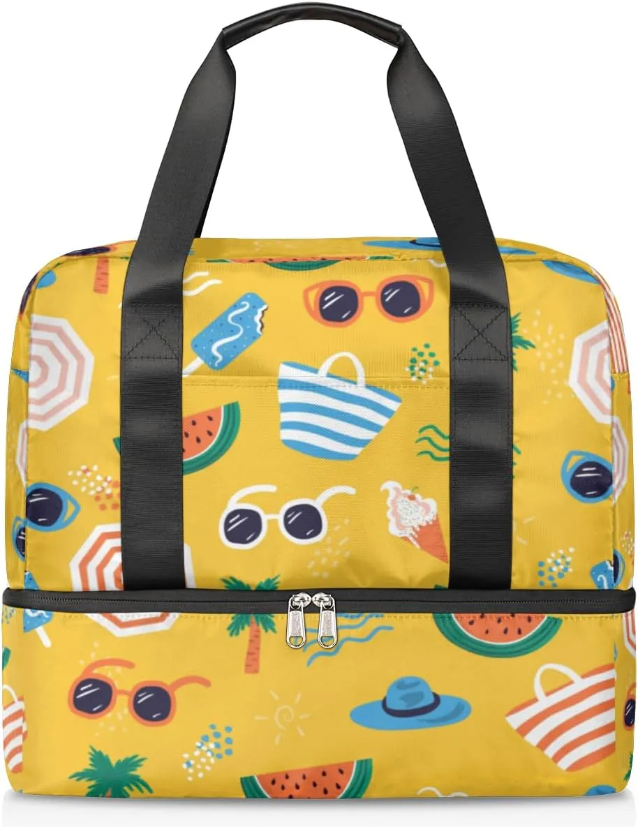 Vacation Relaxation Hawaiian Beach Travel Bag Double Tier Zip Closure Weekender Bag with Leather Handle Waterproof Sports Tote Gym Bag for Swim Beach Gym Yoga