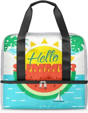 Vacation Relaxation Sun Concept Travel Bag Double Tier Zip Closure Weekender Bag with Leather Handle Waterproof Sports Tote Gym Bag for Swim Beach Gym Yoga