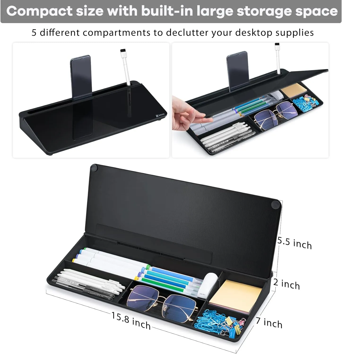Varhomax Desktop Whiteboard with Storage, Desk Dry Erase Glass White Board to-do List Memo for Home Office and School Supplies (Black)