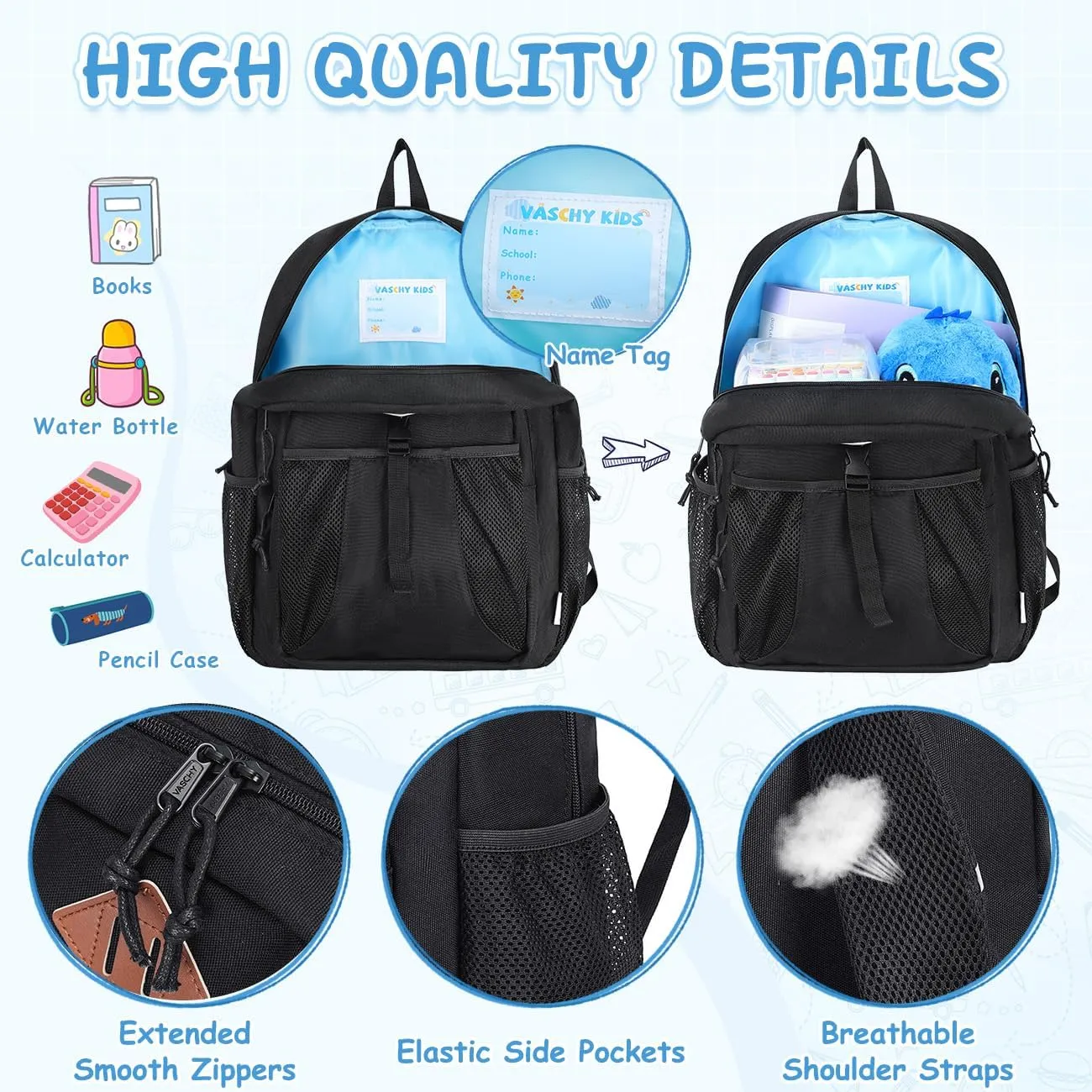VASCHY Kids Backpack Lunch Bag Set, 2-1 School Bookbag Insulated Lunch Box for Toddlers,Preschool,Daycare,Kindergarten,Elementary School Black