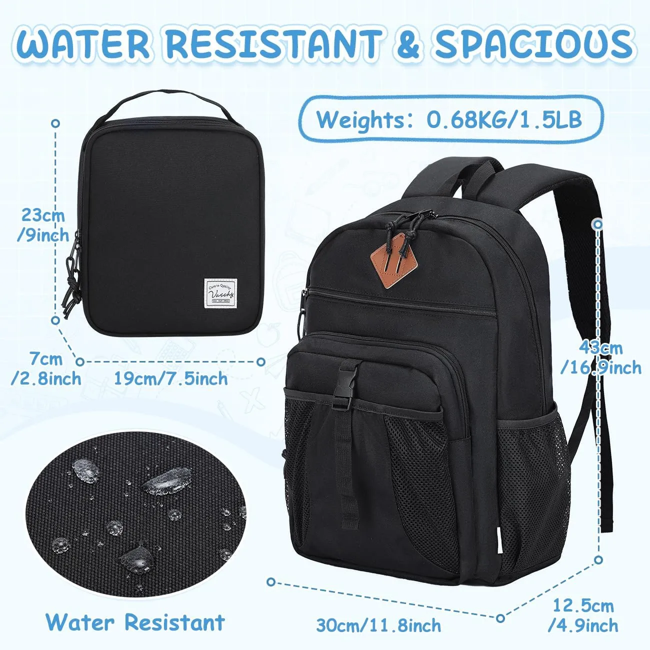 VASCHY Kids Backpack Lunch Bag Set, 2-1 School Bookbag Insulated Lunch Box for Toddlers,Preschool,Daycare,Kindergarten,Elementary School Black