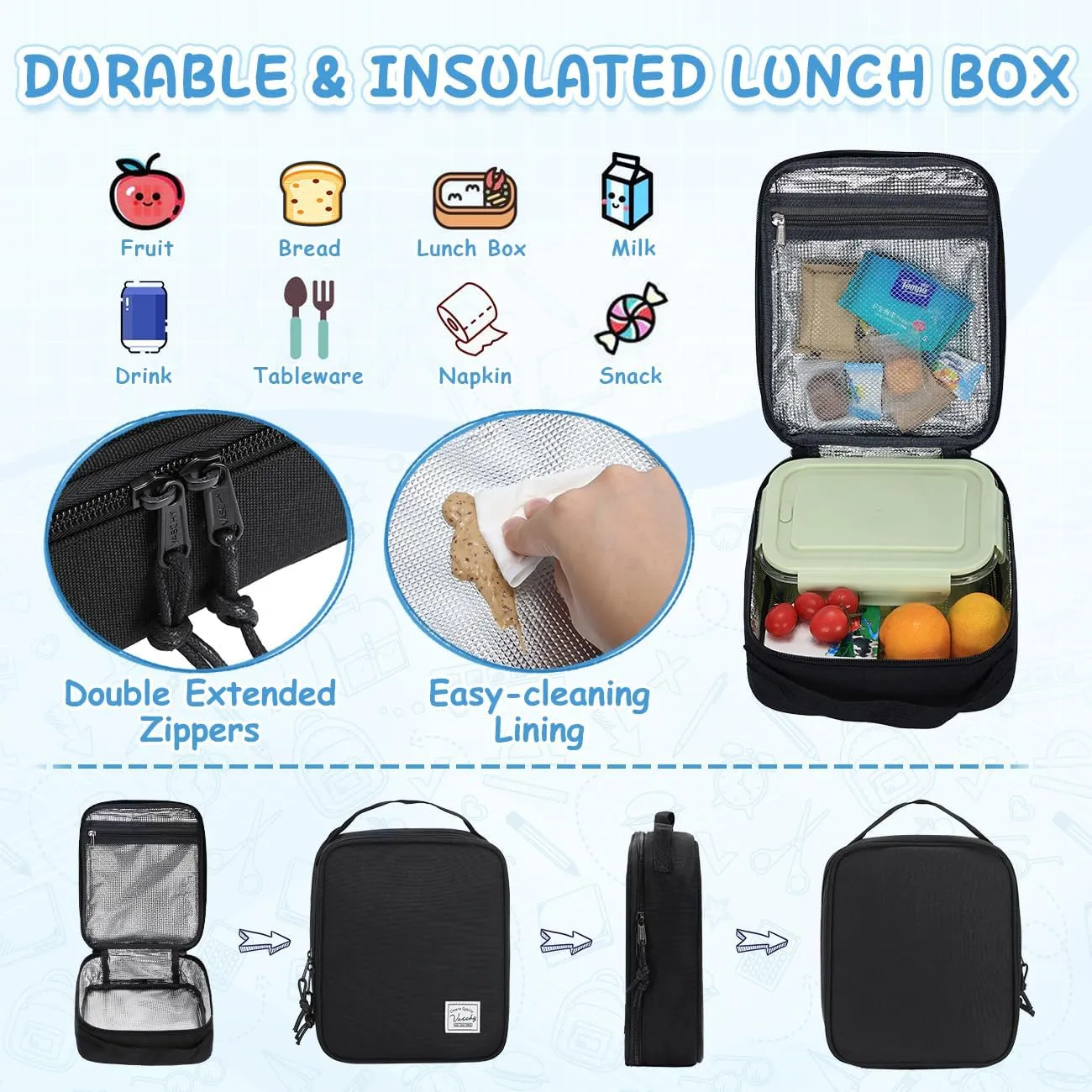 VASCHY Kids Backpack Lunch Bag Set, 2-1 School Bookbag Insulated Lunch Box for Toddlers,Preschool,Daycare,Kindergarten,Elementary School Black