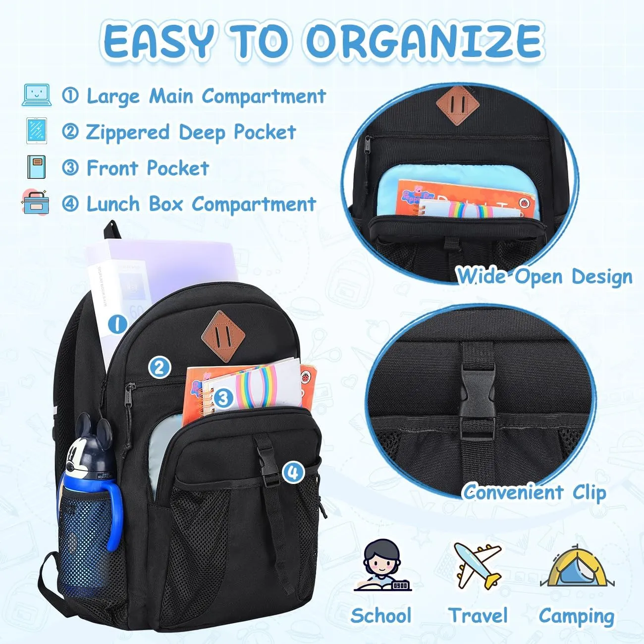 VASCHY Kids Backpack Lunch Bag Set, 2-1 School Bookbag Insulated Lunch Box for Toddlers,Preschool,Daycare,Kindergarten,Elementary School Black