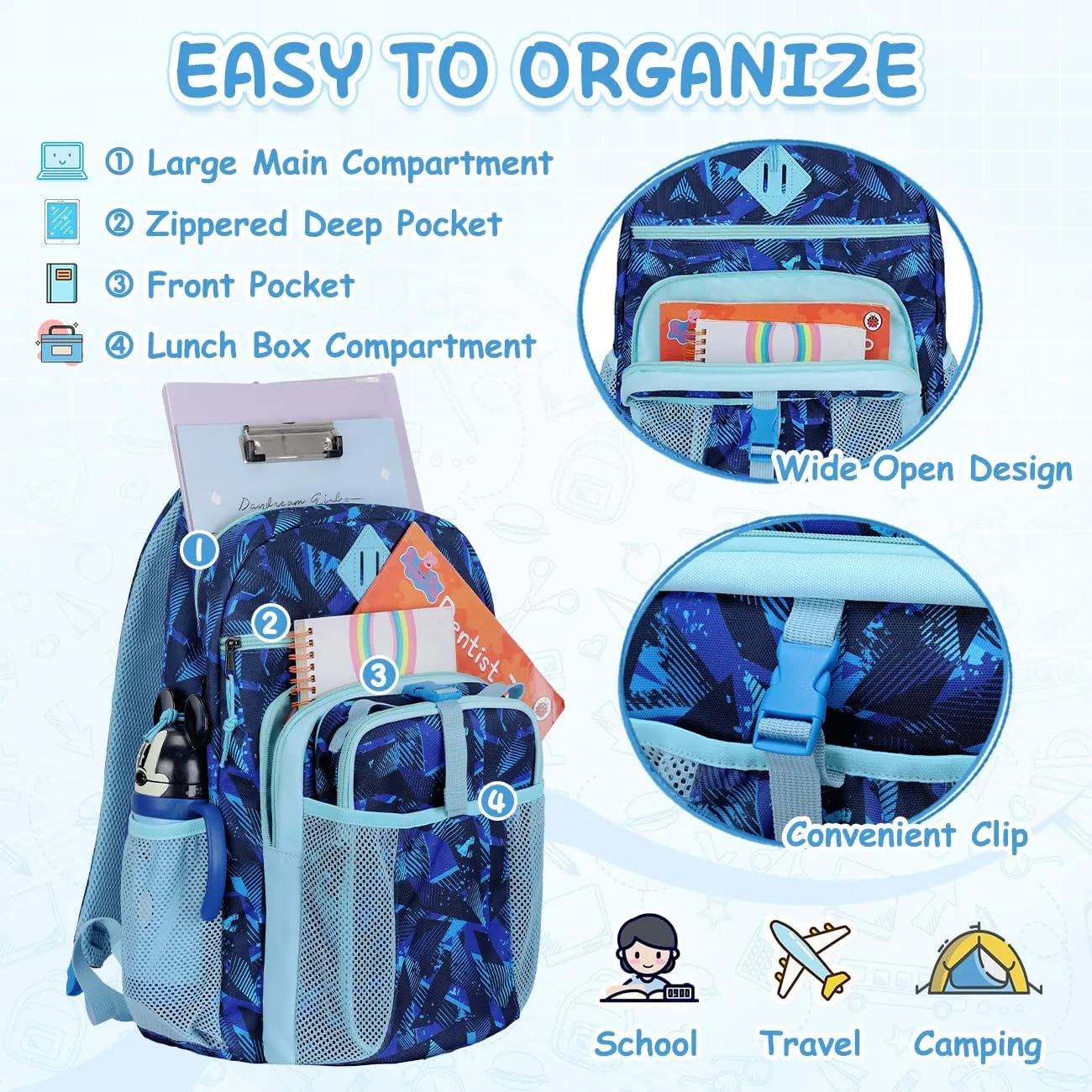 VASCHY Kids Backpack Lunch Bag Set, Boys 2-1 School Bookbag Insulated Lunch Box for Toddlers,Preschool,Daycare,Kindergarten,Elementary School Blue