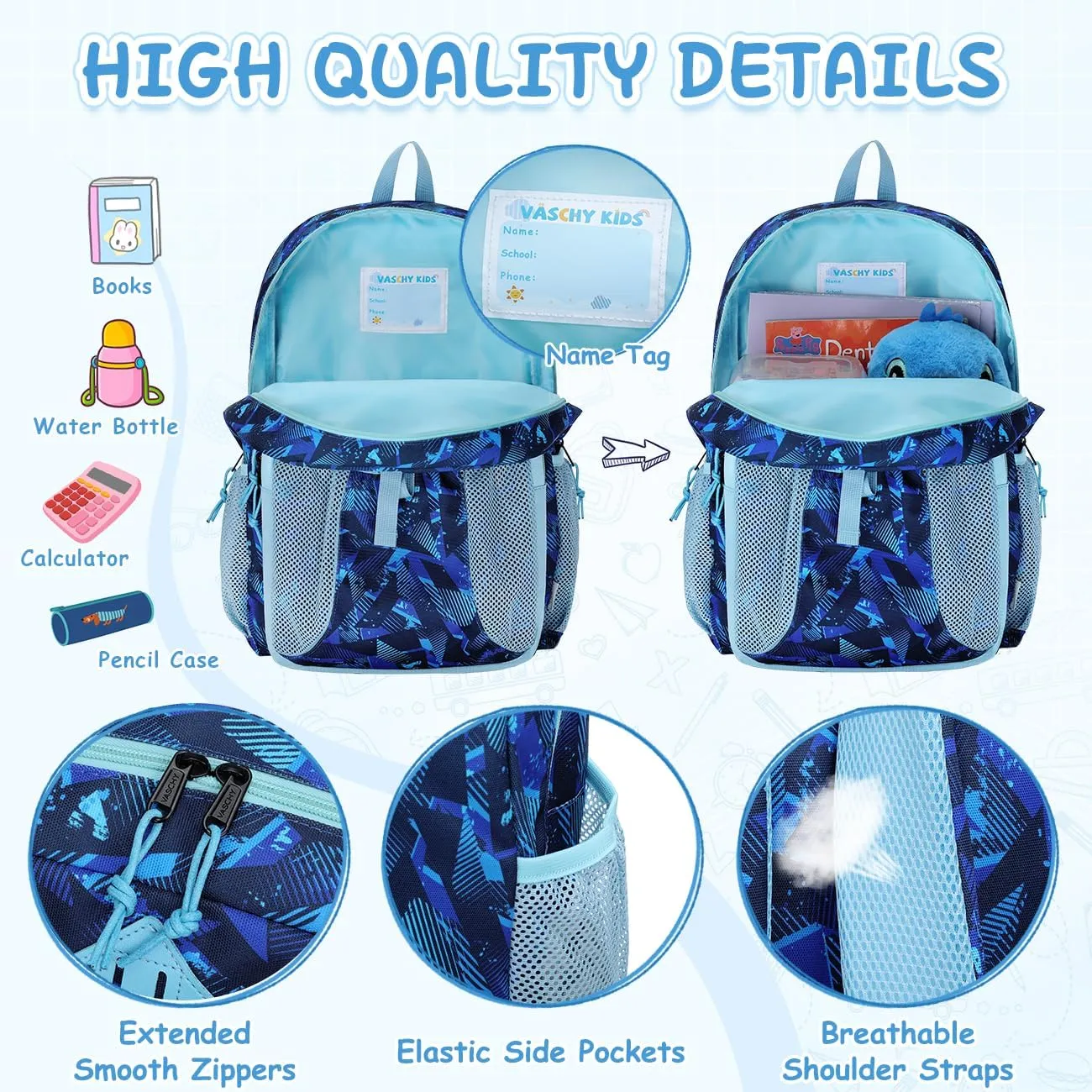 VASCHY Kids Backpack Lunch Bag Set, Boys 2-1 School Bookbag Insulated Lunch Box for Toddlers,Preschool,Daycare,Kindergarten,Elementary School Blue