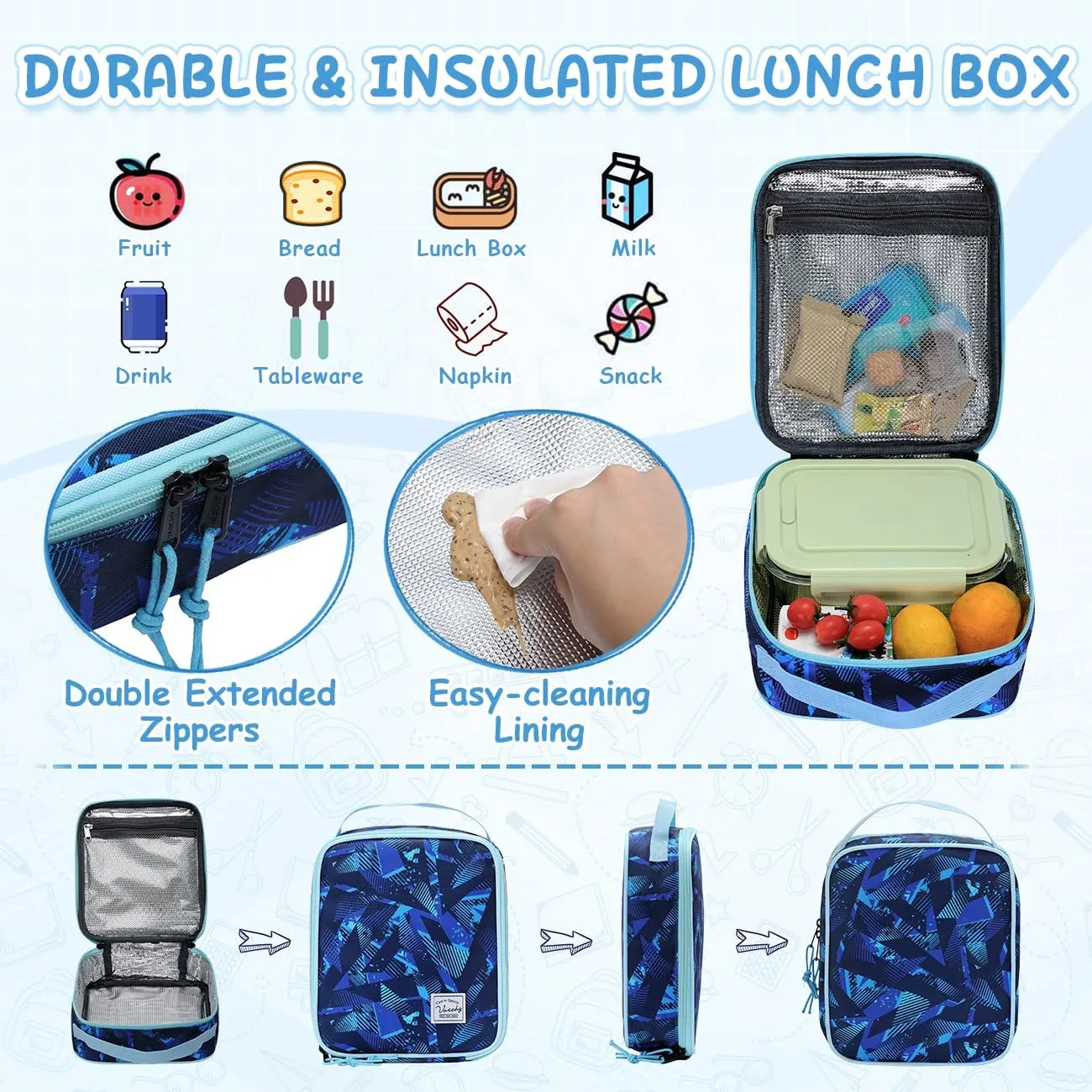 VASCHY Kids Backpack Lunch Bag Set, Boys 2-1 School Bookbag Insulated Lunch Box for Toddlers,Preschool,Daycare,Kindergarten,Elementary School Blue