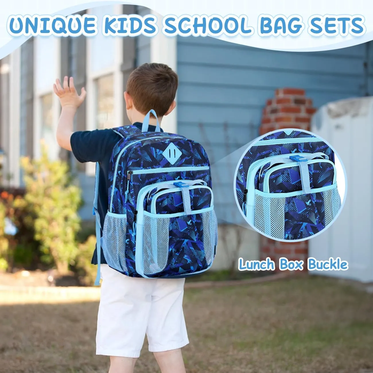 VASCHY Kids Backpack Lunch Bag Set, Boys 2-1 School Bookbag Insulated Lunch Box for Toddlers,Preschool,Daycare,Kindergarten,Elementary School Blue
