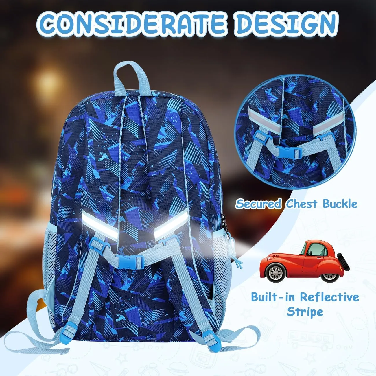 VASCHY Kids Backpack Lunch Bag Set, Boys 2-1 School Bookbag Insulated Lunch Box for Toddlers,Preschool,Daycare,Kindergarten,Elementary School Blue
