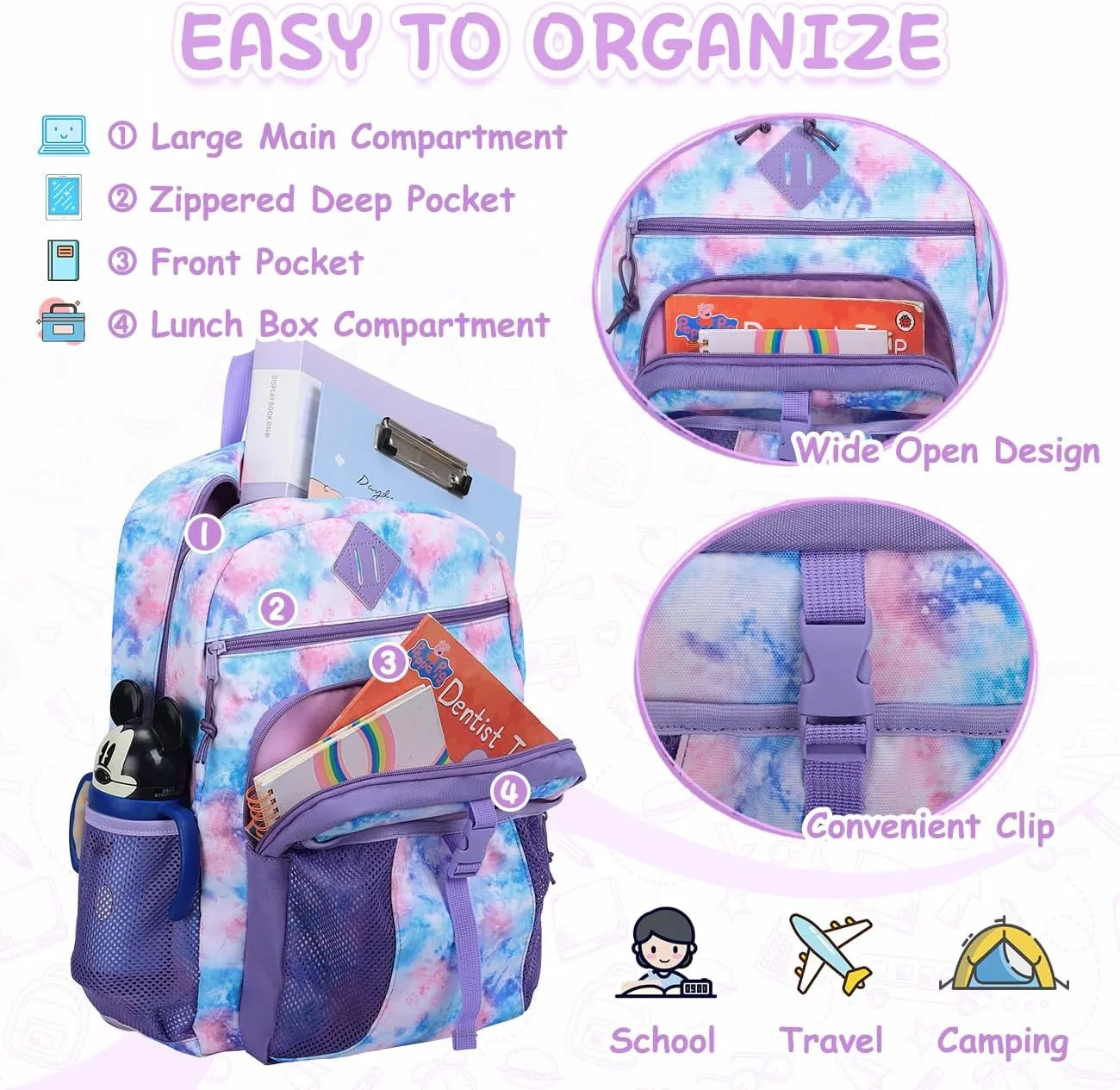 VASCHY Kids Backpack Lunch Bag Set, Girls 2-1 School Bookbag Insulated Lunch Box for Toddlers,Preschool,Daycare,Kindergarten,Elementary School Multi-Color