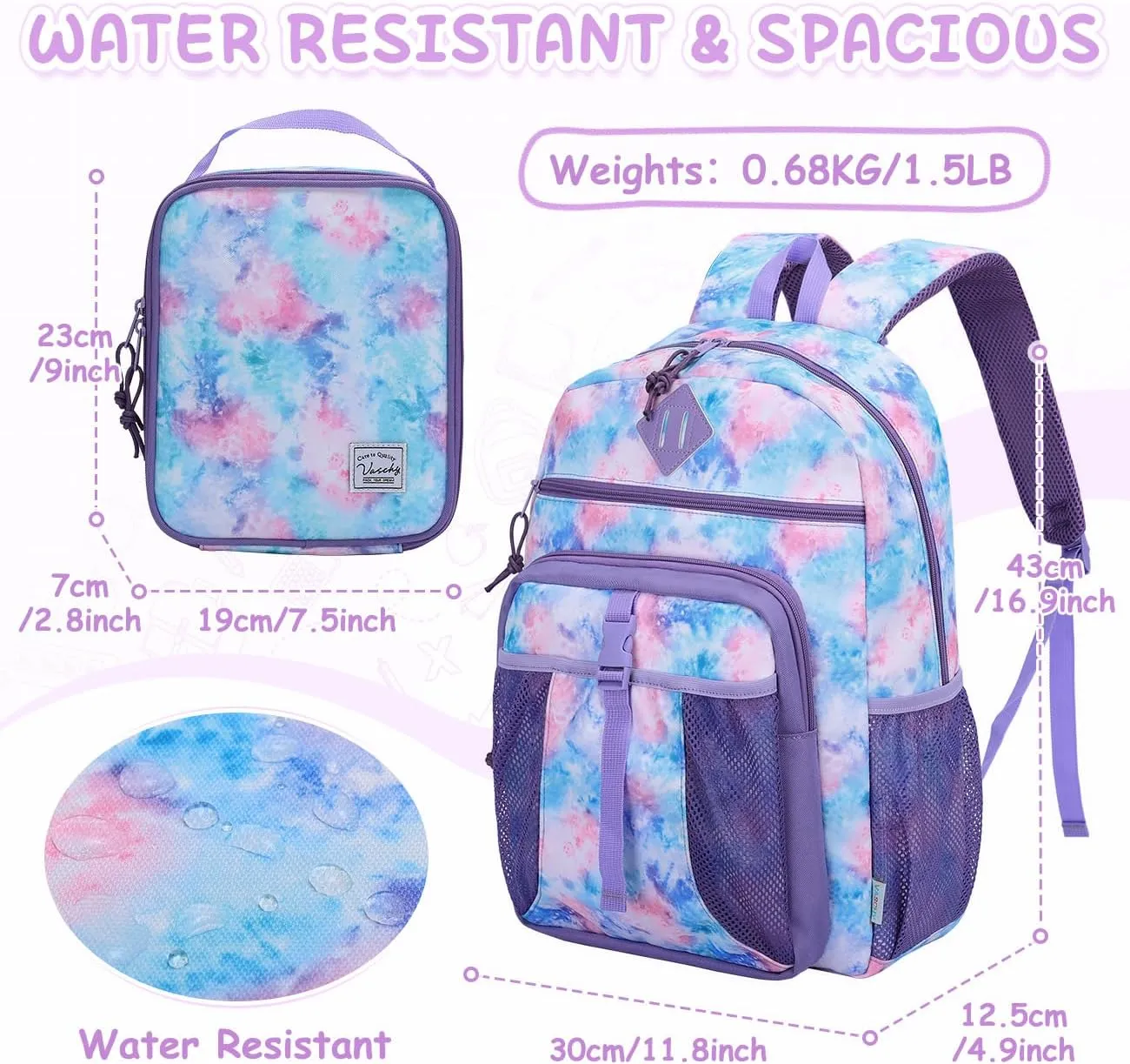 VASCHY Kids Backpack Lunch Bag Set, Girls 2-1 School Bookbag Insulated Lunch Box for Toddlers,Preschool,Daycare,Kindergarten,Elementary School Multi-Color