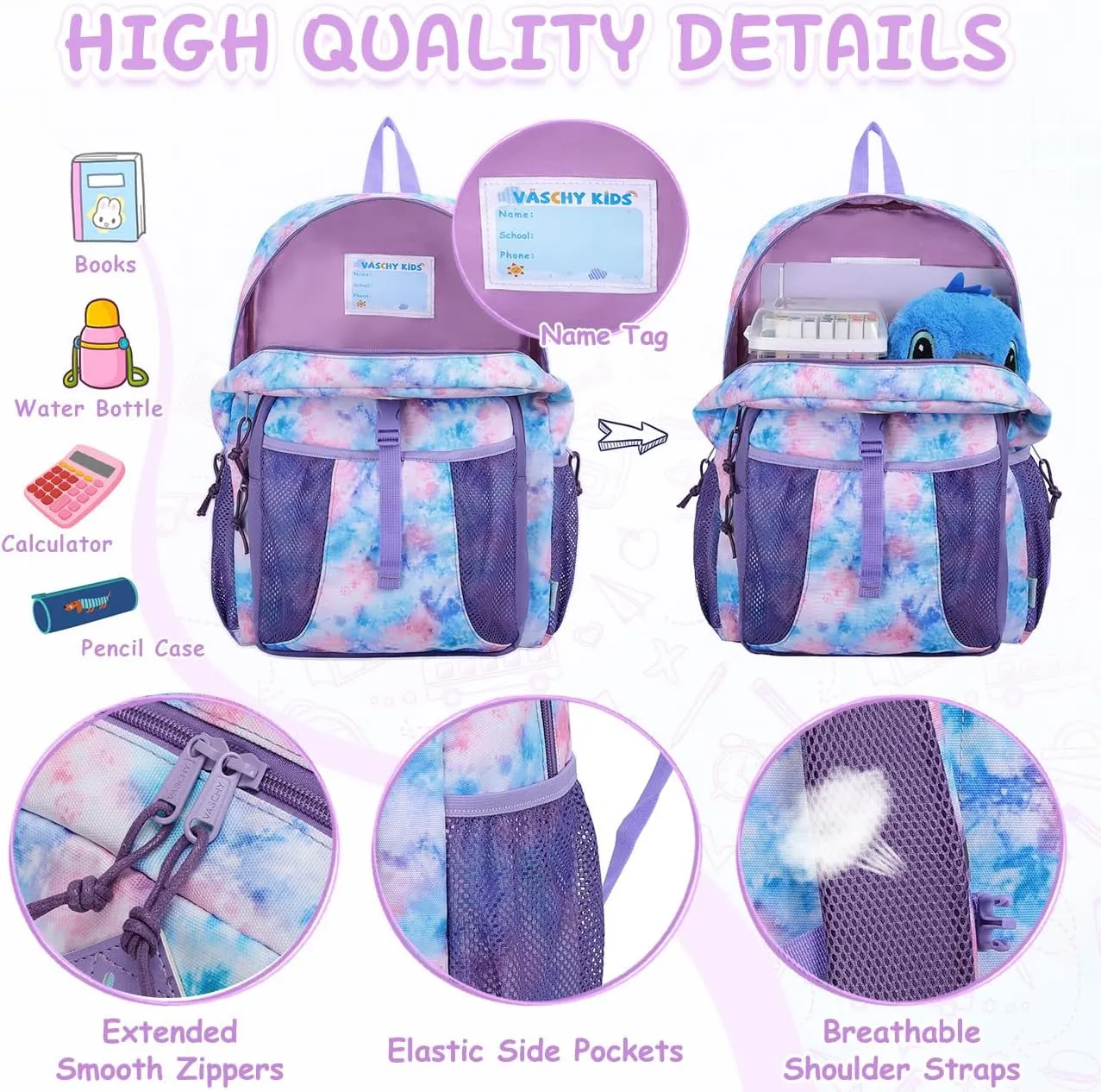 VASCHY Kids Backpack Lunch Bag Set, Girls 2-1 School Bookbag Insulated Lunch Box for Toddlers,Preschool,Daycare,Kindergarten,Elementary School Multi-Color