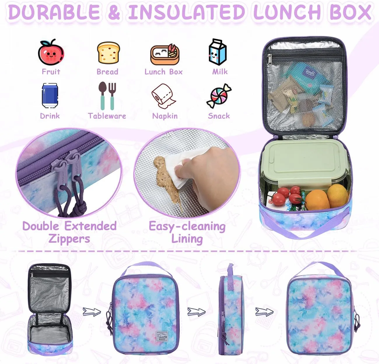 VASCHY Kids Backpack Lunch Bag Set, Girls 2-1 School Bookbag Insulated Lunch Box for Toddlers,Preschool,Daycare,Kindergarten,Elementary School Multi-Color