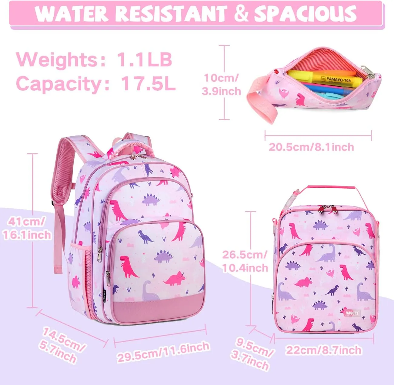 VASCHY Kids School Backpack Lunch Box Bag Pencil Case Combo, Children BookBag Schoolbag Insulate Lunch Bag Pen Pouch Set for Preschool/Kindergarten/Elementry School Boys Girls