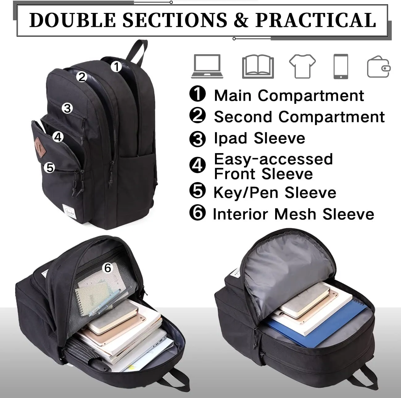VASCHY School Backpack for Men, Unisex Large Bookbag Schoolbag Casual Daypack for High School/College/Teens/Travel/Work Black
