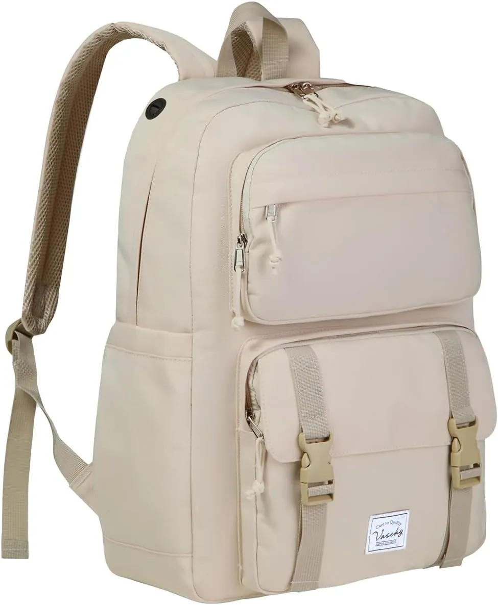 VASCHY Travel Backpack for Teens Girls, Large Schoolbag Book Bag Rucksack for Women High School/College/Work/Daypack/Commuter Beige
