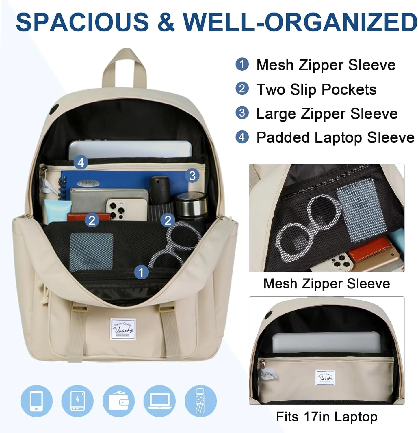VASCHY Travel Backpack for Teens Girls, Large Schoolbag Book Bag Rucksack for Women High School/College/Work/Daypack/Commuter Beige