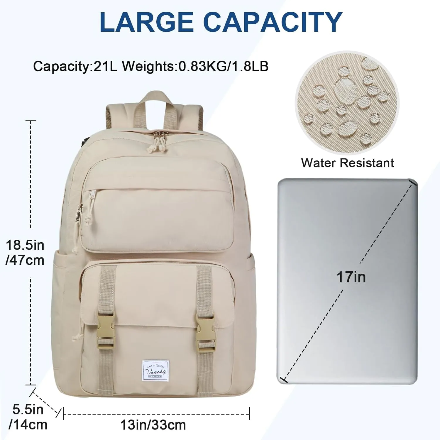 VASCHY Travel Backpack for Teens Girls, Large Schoolbag Book Bag Rucksack for Women High School/College/Work/Daypack/Commuter Beige