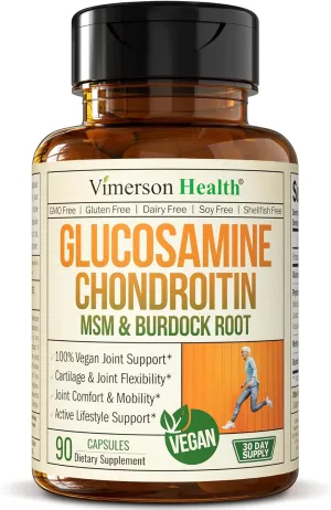 Vegan Glucosamine Chondroitin MSM - 100% Vegan Joint Support Supplement for Women & Men with Burdock and Glucosamine Sulfate 1500 mg. Used for Cartilage and Joint Health and Flexibility - 90 Capsules