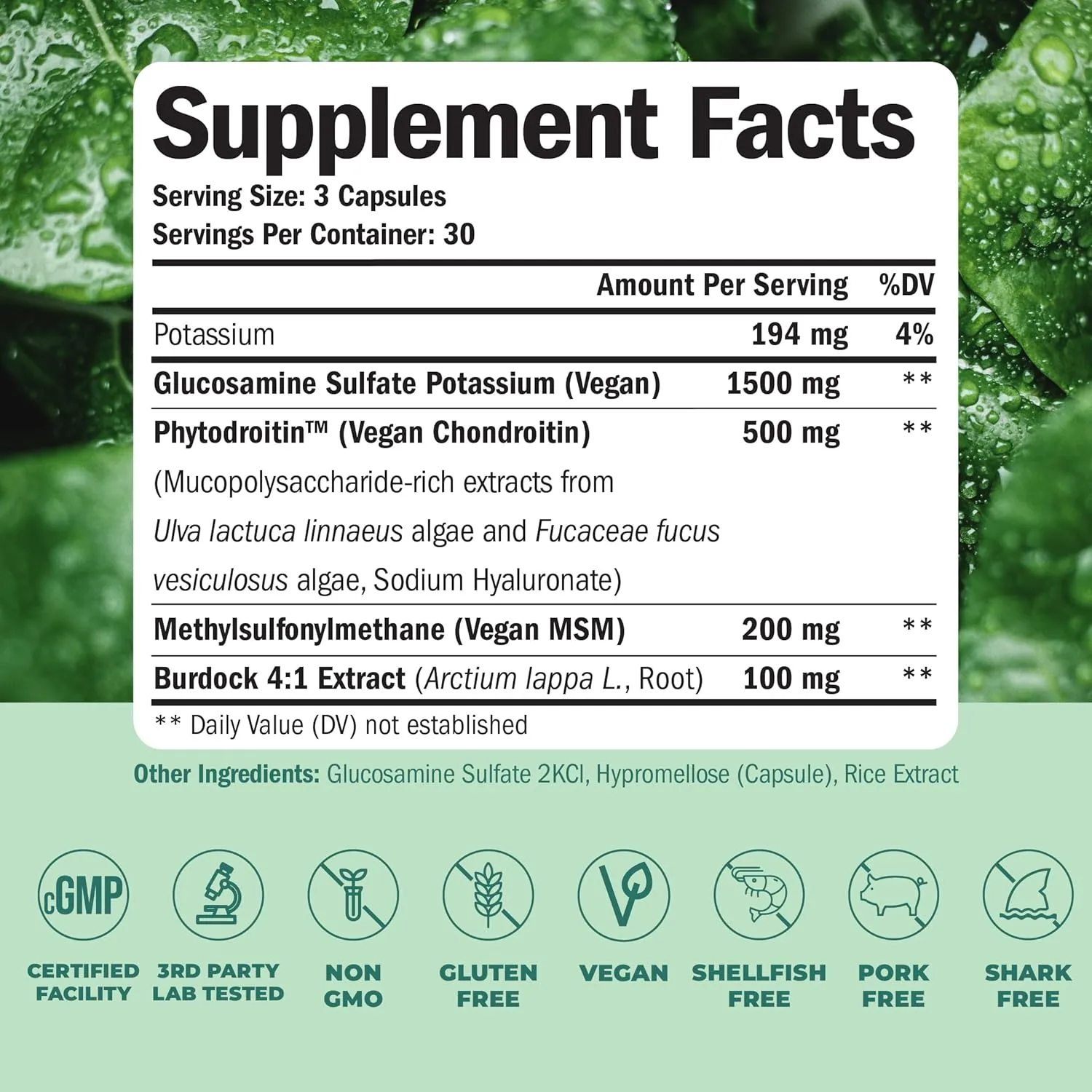 Vegan Glucosamine Chondroitin MSM - 100% Vegan Joint Support Supplement for Women & Men with Burdock and Glucosamine Sulfate 1500 mg. Used for Cartilage and Joint Health and Flexibility - 90 Capsules
