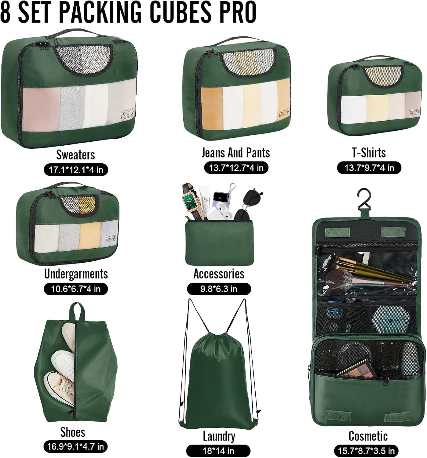 Veken 8 Set Packing Cubes for Travel Essentials, Suitcase Organizer Bags Set for Luggage, Road Trip Travel Accessories in 4 Sizes (Extra Large, Large, Medium, Small)