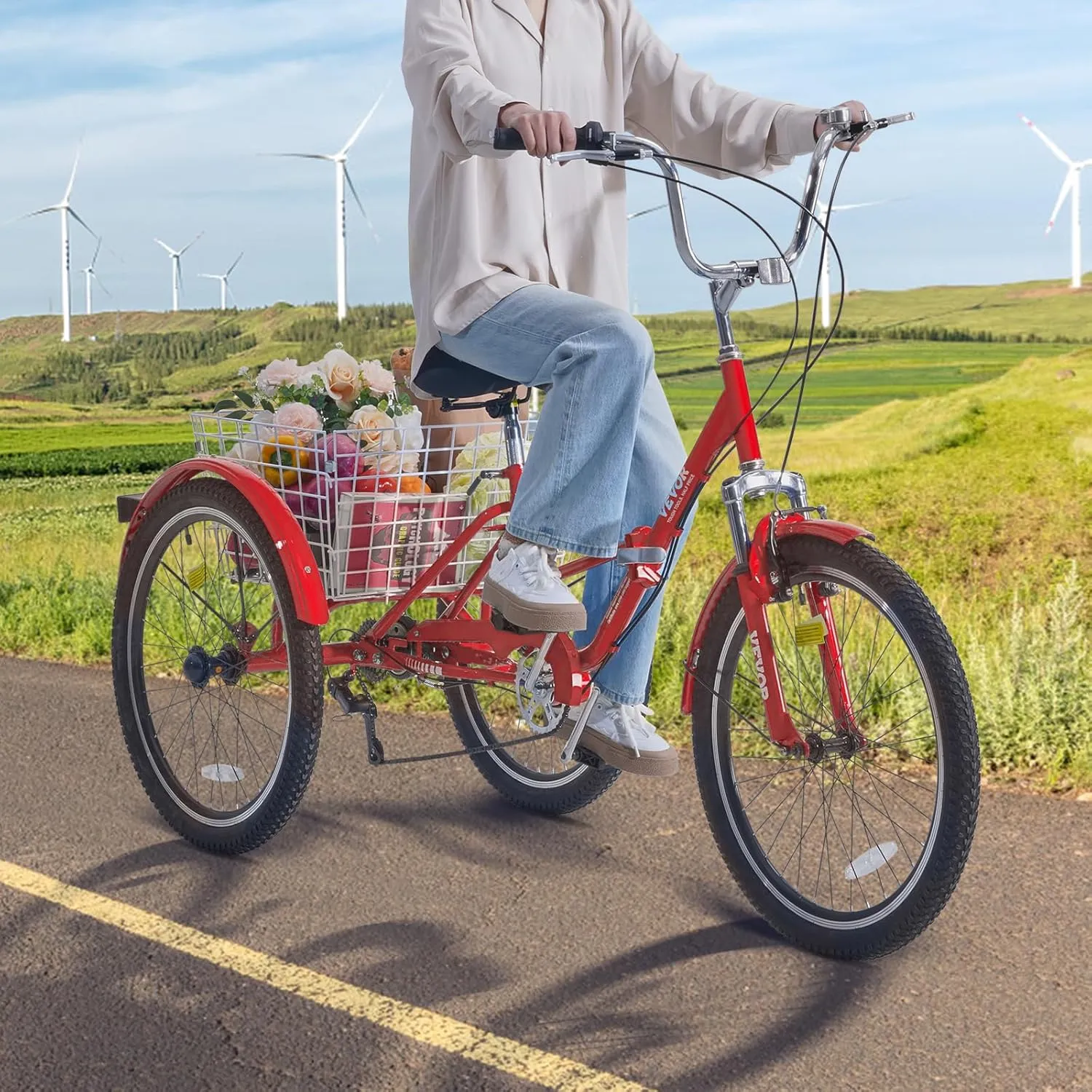 VEVOR Folding Adult Tricycle, Adult Folding Trikes, Carbon Steel 3 Wheel Tricycle with Large Basket & Adjustable Seat, Shopping Picnic Foldable Tricycles for Women, Men, Seniors