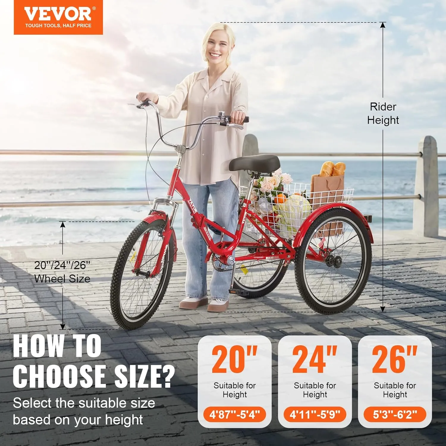 VEVOR Folding Adult Tricycle, Adult Folding Trikes, Carbon Steel 3 Wheel Tricycle with Large Basket & Adjustable Seat, Shopping Picnic Foldable Tricycles for Women, Men, Seniors