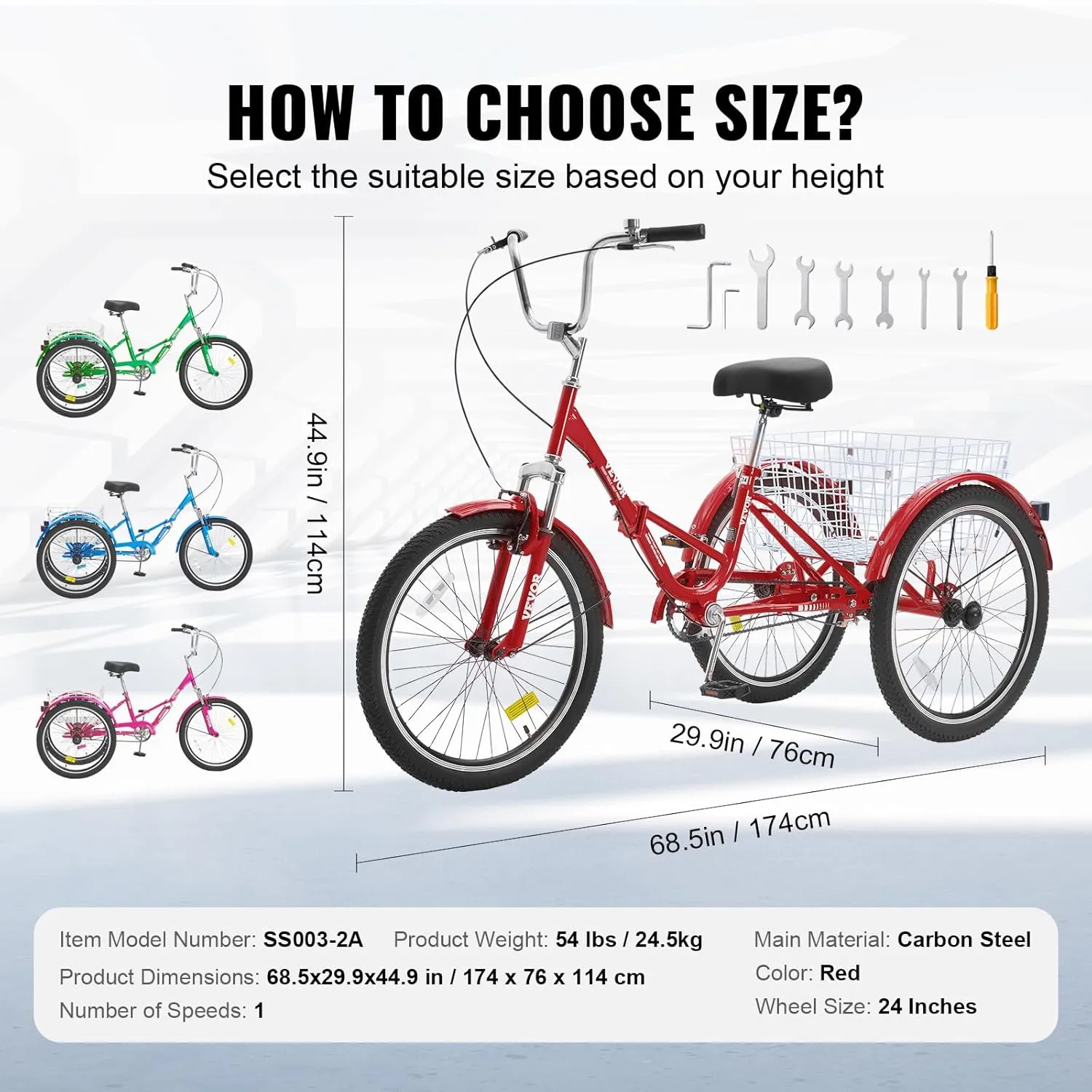 VEVOR Folding Adult Tricycle, Adult Folding Trikes, Carbon Steel 3 Wheel Tricycle with Large Basket & Adjustable Seat, Shopping Picnic Foldable Tricycles for Women, Men, Seniors