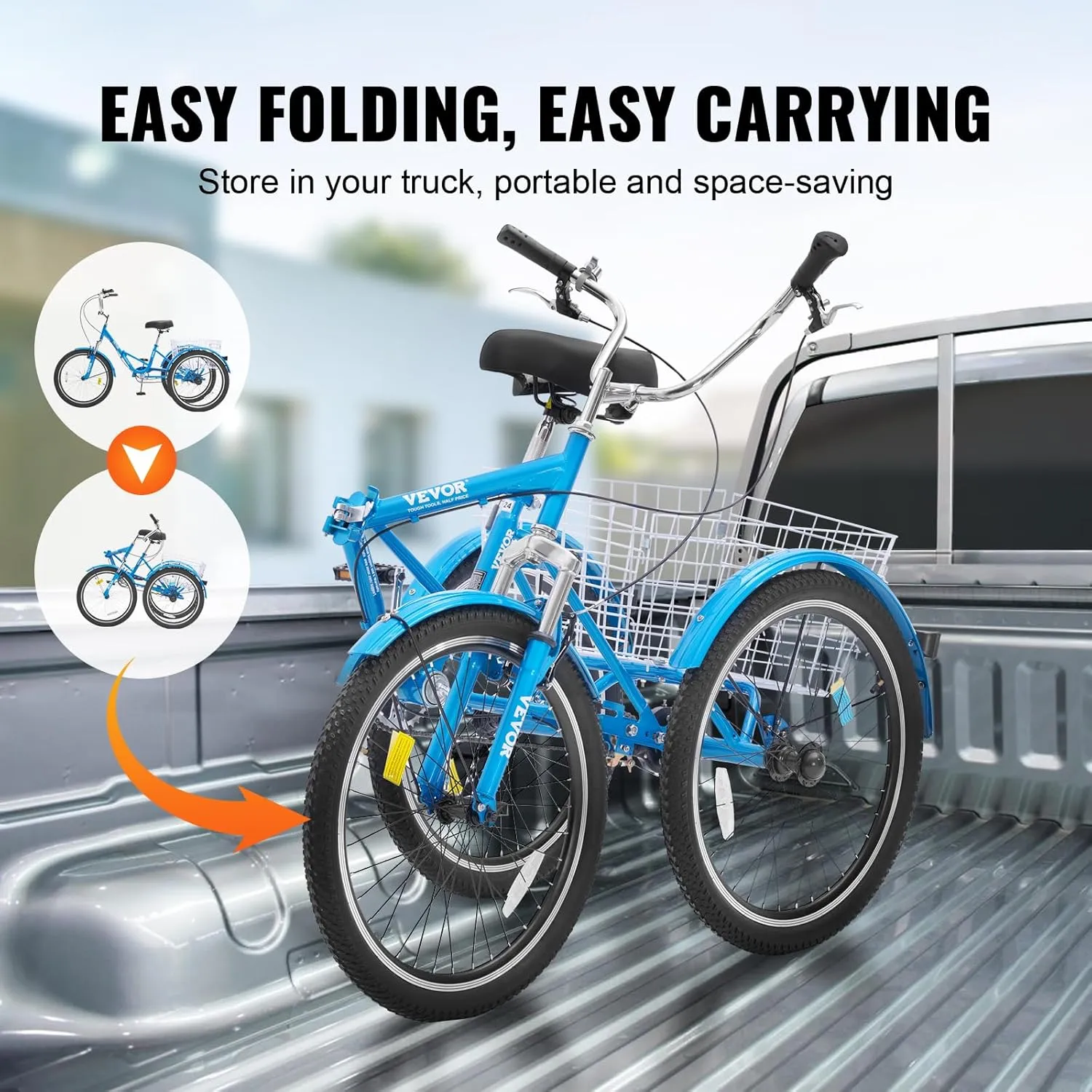VEVOR Folding Adult Tricycle, Adult Folding Trikes, Carbon Steel 3 Wheel Tricycle with Large Basket & Adjustable Seat, Shopping Picnic Foldable Tricycles for Women, Men, Seniors