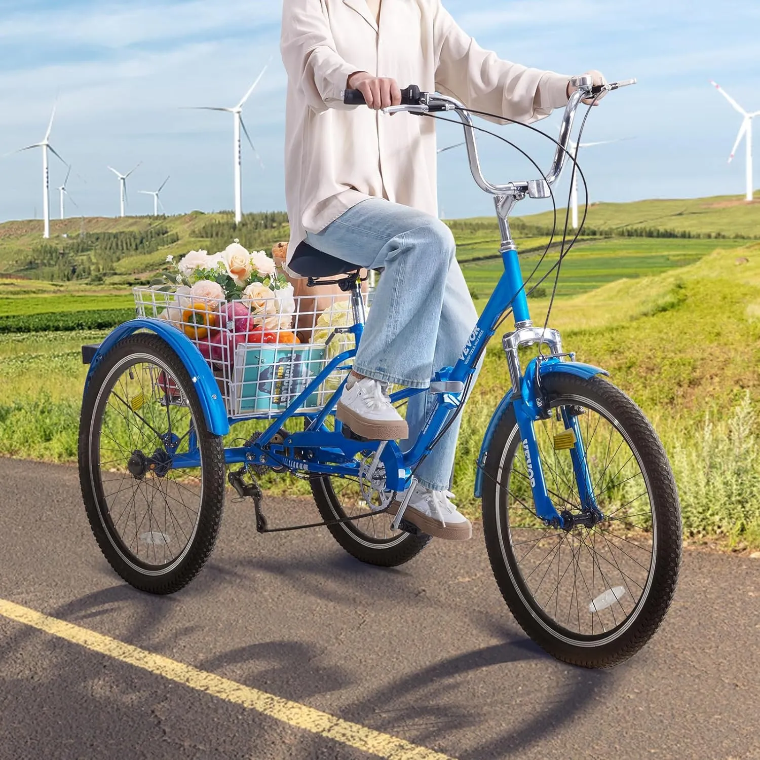 VEVOR Folding Adult Tricycle, Adult Folding Trikes, Carbon Steel 3 Wheel Tricycle with Large Basket & Adjustable Seat, Shopping Picnic Foldable Tricycles for Women, Men, Seniors
