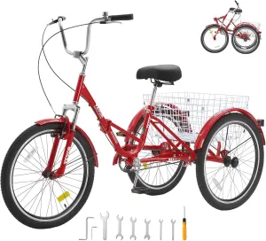 VEVOR Folding Adult Tricycle, Adult Folding Trikes, Carbon Steel 3 Wheel Tricycle with Large Basket & Adjustable Seat, Shopping Picnic Foldable Tricycles for Women, Men, Seniors