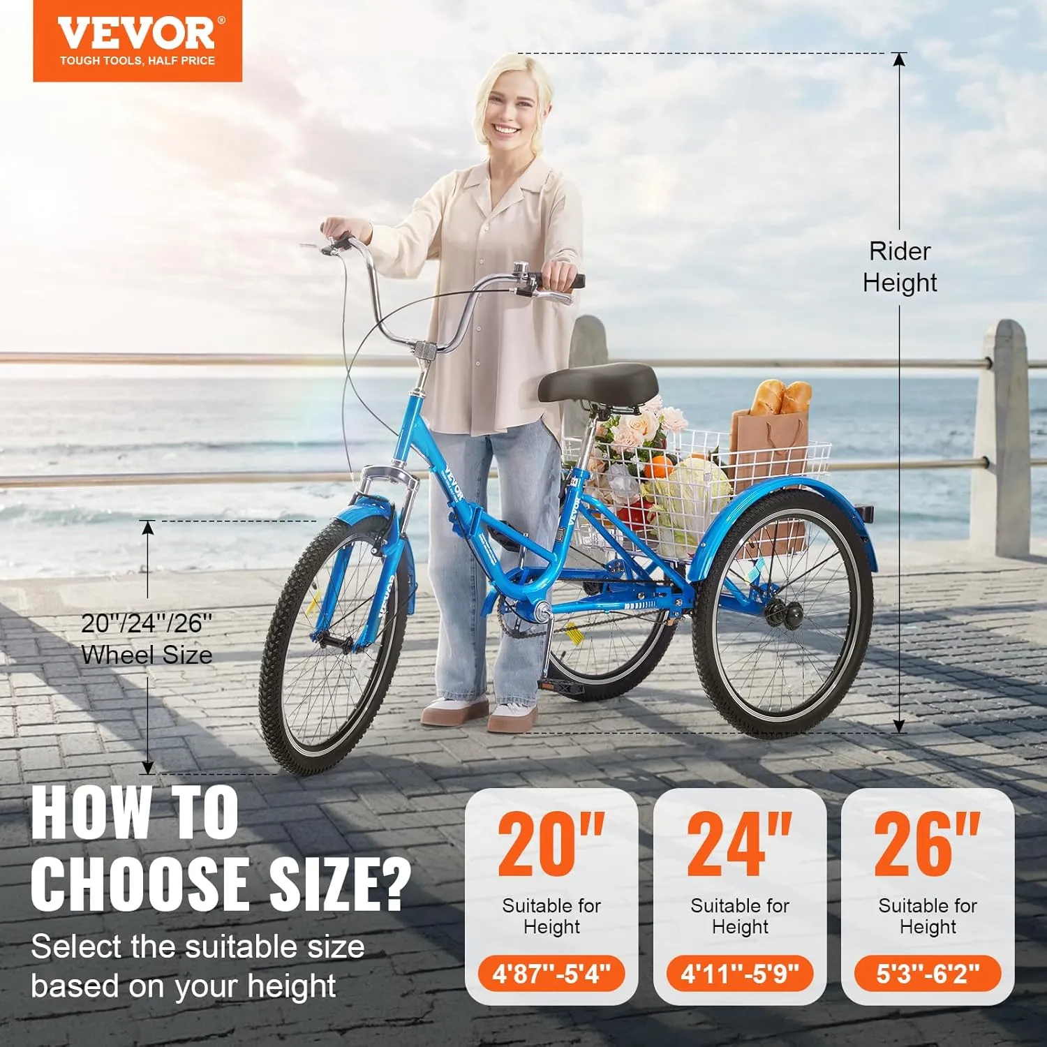 VEVOR Folding Adult Tricycle, Adult Folding Trikes, Carbon Steel 3 Wheel Tricycle with Large Basket & Adjustable Seat, Shopping Picnic Foldable Tricycles for Women, Men, Seniors
