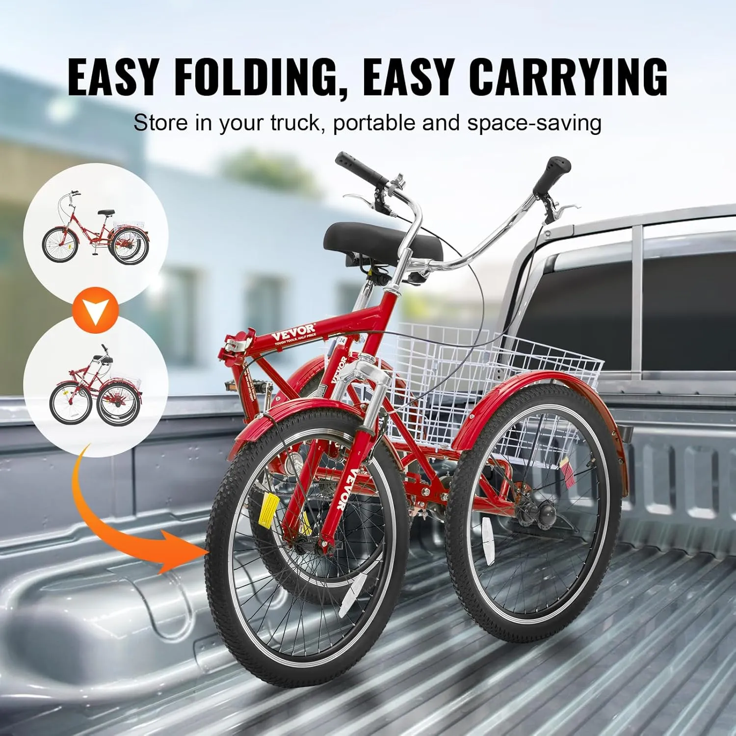 VEVOR Folding Adult Tricycle, Adult Folding Trikes, Carbon Steel 3 Wheel Tricycle with Large Basket & Adjustable Seat, Shopping Picnic Foldable Tricycles for Women, Men, Seniors