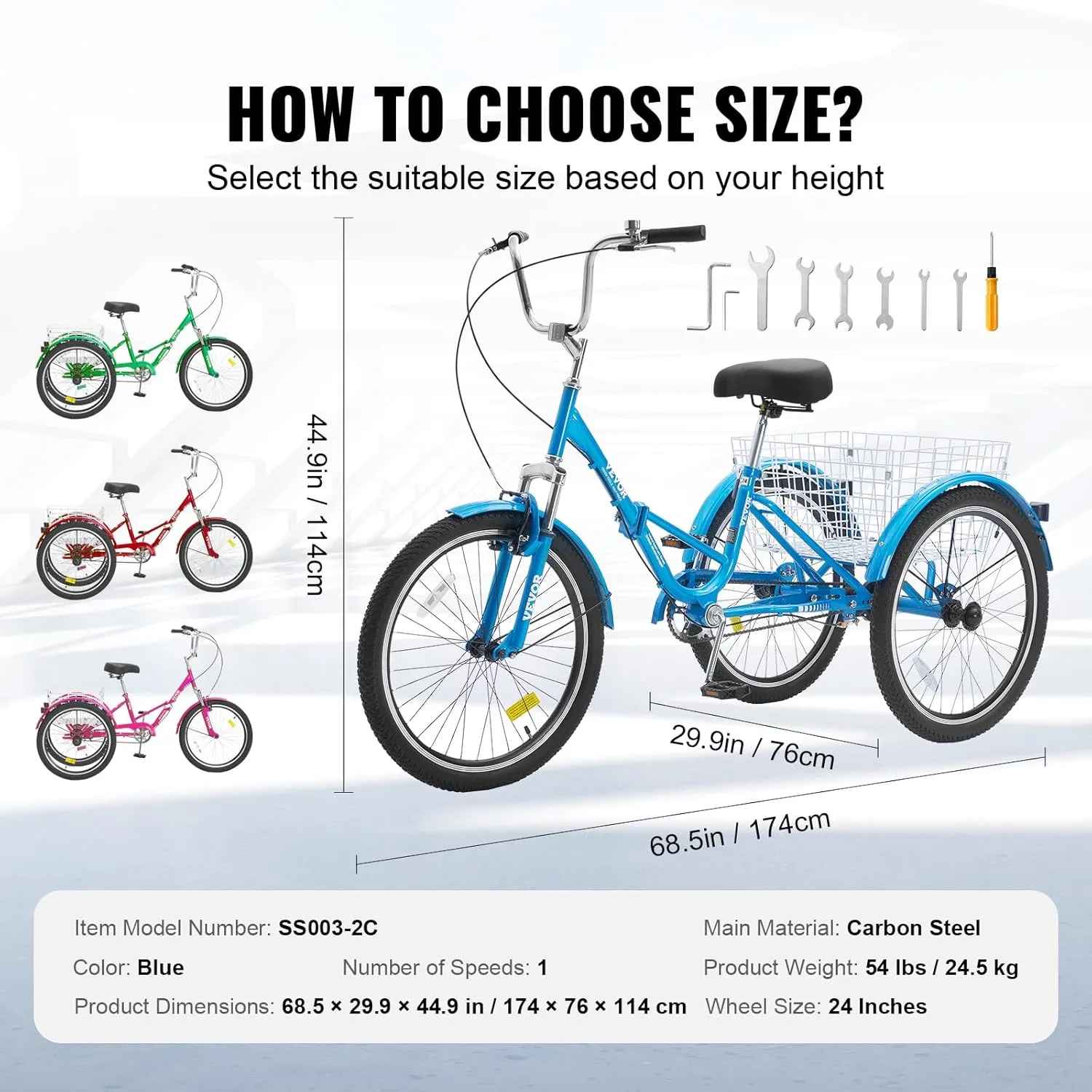 VEVOR Folding Adult Tricycle, Adult Folding Trikes, Carbon Steel 3 Wheel Tricycle with Large Basket & Adjustable Seat, Shopping Picnic Foldable Tricycles for Women, Men, Seniors