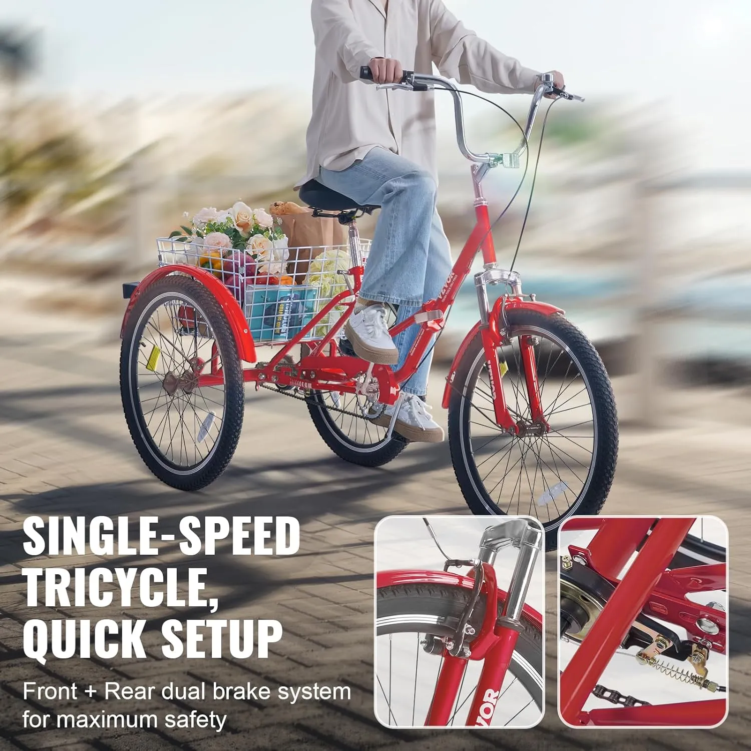 VEVOR Folding Adult Tricycle, Adult Folding Trikes, Carbon Steel 3 Wheel Tricycle with Large Basket & Adjustable Seat, Shopping Picnic Foldable Tricycles for Women, Men, Seniors